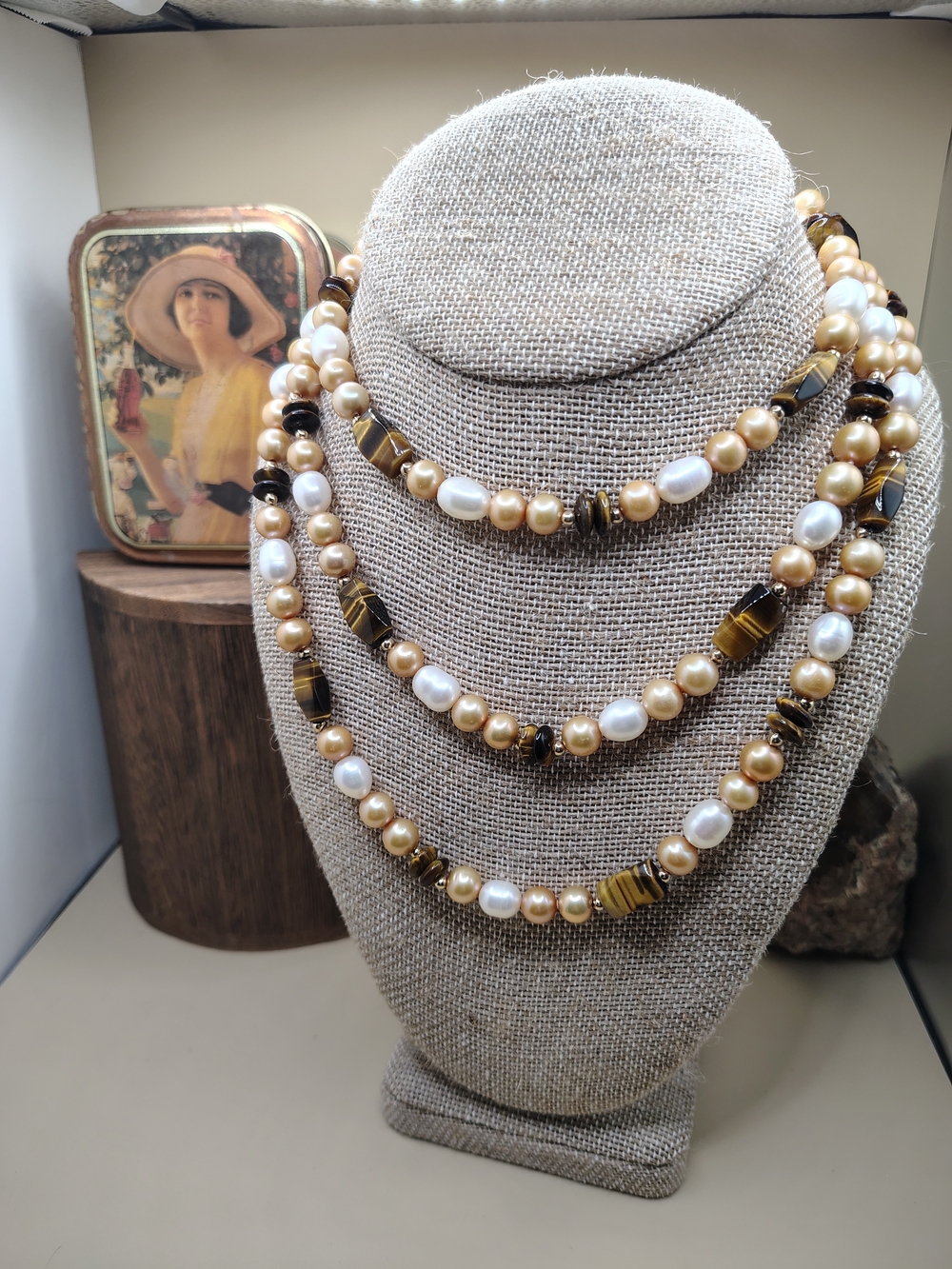 Vintage Tigers Eye and Pearl Layered Women's Necklace - Classic Beaded Design